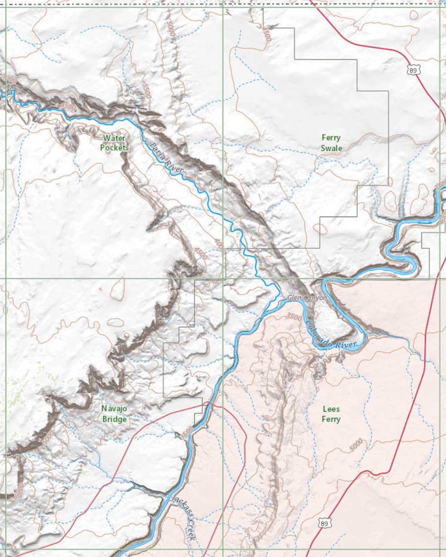 Map showing locations of Lees Ferry Topo Maps