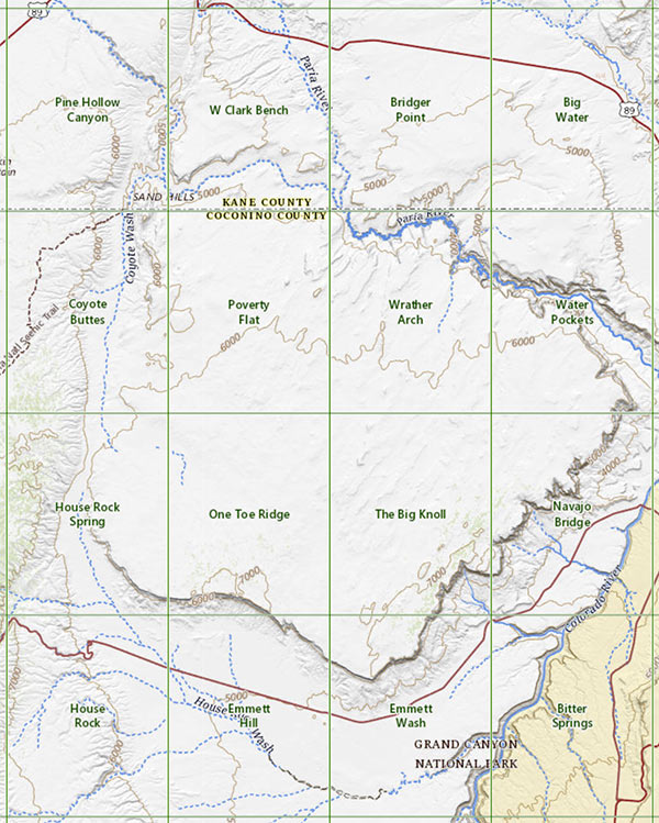 Map showing locations of Vermilion Cliffs Topo Maps