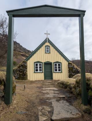 Hofskirkja Framed Entrance to the Hofskirkja Turf Church in Iceland
