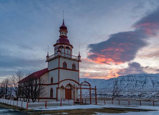 Grund Church at Sunrise Grund Church at sunrise in northeast Iceland.