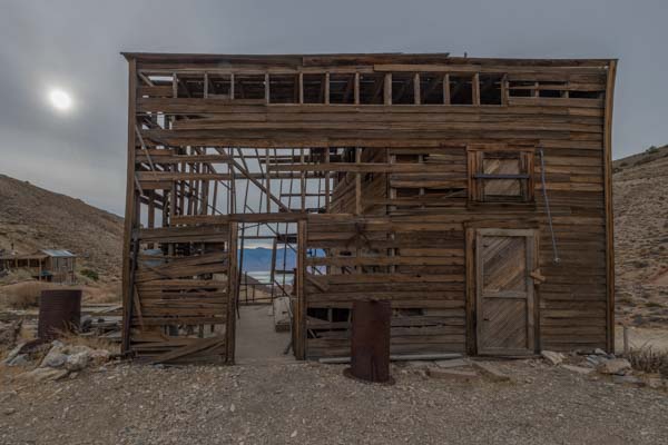 Cerro Gordo Ice House framing Owens Lake