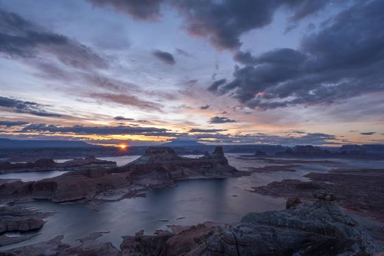 Sun Rising over Gunsight Butte Sunrise Views of Lake Powell from Alstrom Point