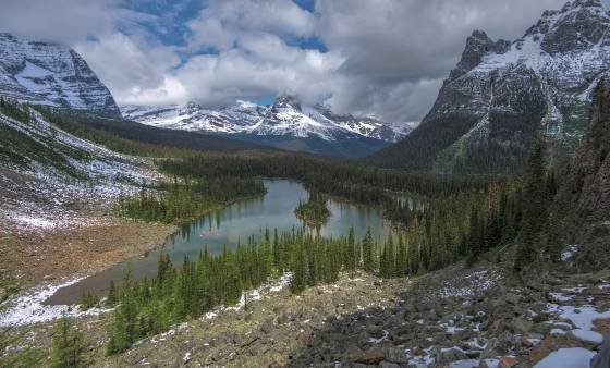 Mary Lake 1 Mary Lakes seen from the West Opabin Trail near :Lake O'hara, Odaray on the left, Cathedral center, and Wiway on the right.