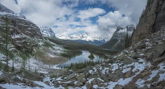 Mary Lake 2 Mary Lakes seen from the West Opabin Trail near :Lake O'hara, from left to right Schaffer, Odaray, Cathedral, Wiwaxy, and Yukness