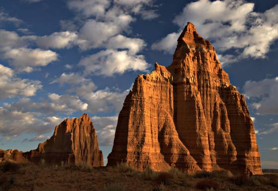 Temples of the Sun and Moon Temple of the Sun and Moon at sunrise in the Cathedral District of Capitol Reef National Park