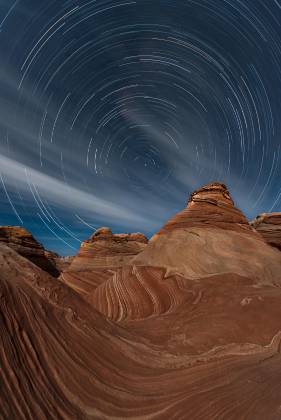 Clouds coming in Star trail at The Wave in Coyote Buttes North, Arizona