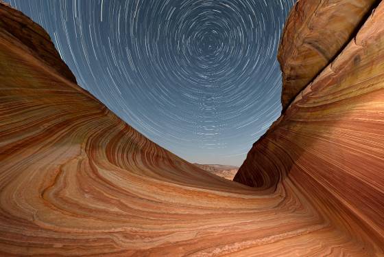 Looking north at night Star trail at The Wave in Coyote Buttes North, Arizona