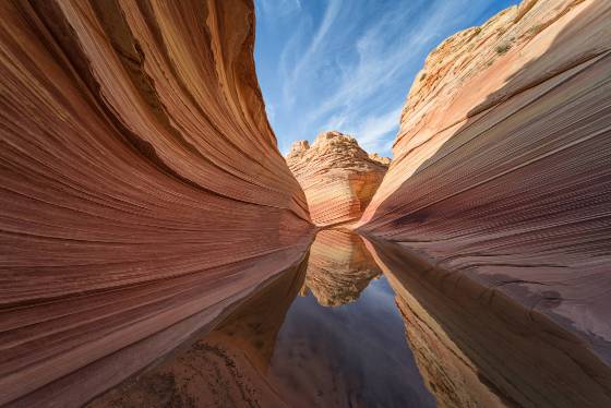 Water at The Wave 20 Looking south at a reflection in a water pool at The Wave in Coyote Buttes North, Arizona
