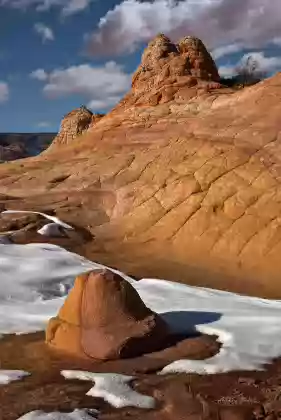 Snow at Half and Half Half and Half rock formation in the Cottonwood Cove area of Coyote Buttes South, Arizona