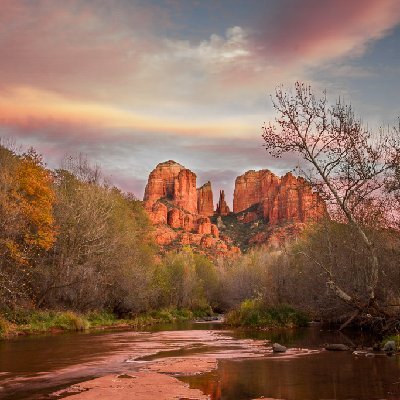 Cathedral Through Rose Colored Glasses Cathedral Rock reflected in Oak Creek at sunset in Sedona, AZ