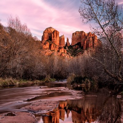 Cathedral Rock Sunset Cathedral Rock reflected in Oak Creek at sunset in Sedona, AZ