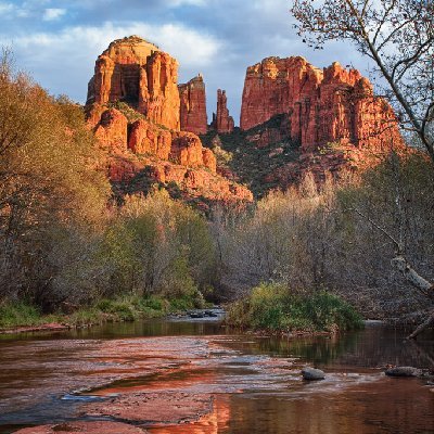 Classic Sedona Cathedral Rock reflected in Oak Creek in Sedona, AZ