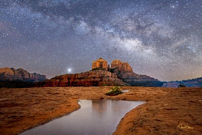 Cathedral and Stars Cathedral Rock and water pool at night under the Milky Way at Secret Slickrock, Sedona, AZ