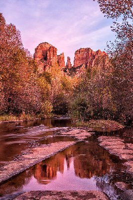 Cathedral in Autumn Attire Cathedral Rock reflected in Oak Creek at sunset in Sedona, AZ