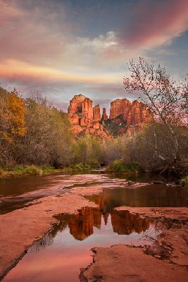 Cathedral Through Rose Colored Glasses Cathedral Rock reflected in Oak Creek at sunset in Sedona, AZ