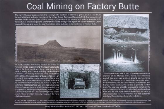 Coal Mining on Factory Butte Sign explaining the history of coal mining near Factory Butte