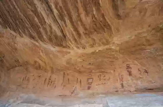 Fake Art Pictographs, likely fake, in Wild Hore Window, Goblin Valley, painted in the early 2000s.
