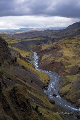 Downstream from Hainfoss and Granni The view downstream from Haifoss. The trail to the bottom of Haifoss can be seen in the image.