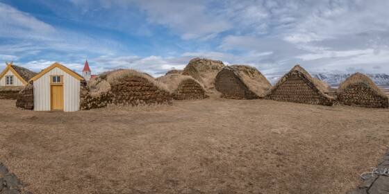 Glaumbaer Panorama 1 Glaumbaer Turf Houses in northwest Iceland.