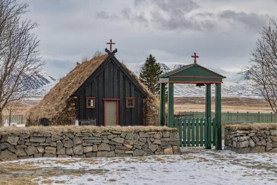 Vidimyrarkirkja Entrance 1 Entrance to Vidimyrarkirkja Turf Church in northwest Iceland.
