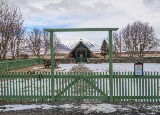 Vidimyrarkirkja Framed Entrance to Vidimyrarkirkja Turf Church in northwest Iceland.