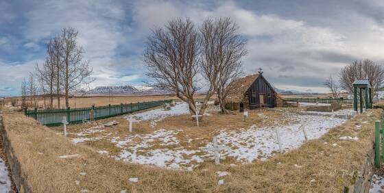Vidimyrarkirkja Panorama Vidimyrarkirkja Turf Church in northwest Iceland.