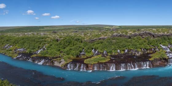 Hraunfossar Panorama Panorama of Hraunfossar spring-fed waterfalls in Western Iceland.