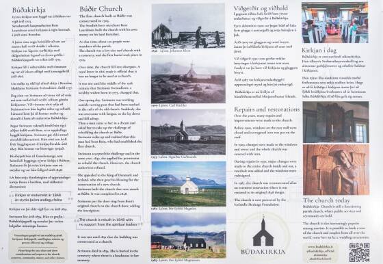 Budarkirkja Sign Sign about Budarkirkja, The Black Church, on Snaefellsnes Peninsula, Iceland.