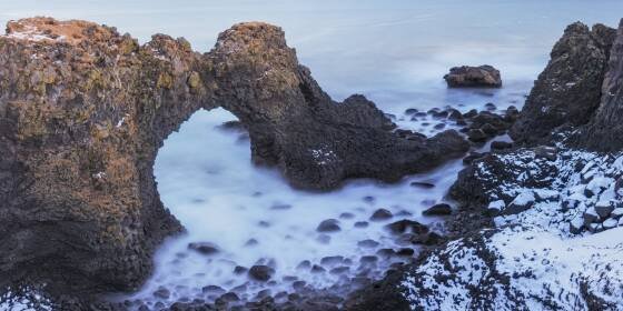 Gatklettu Panorama Gatklettu arch on the east cost of Snaefellsnes Peninsula in Iceland