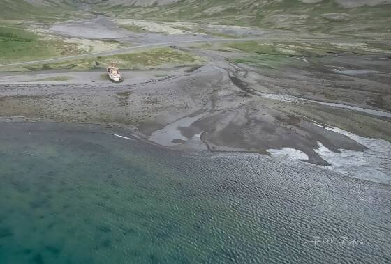 Aerial of Garðar BA 64 Shipwreck Aerial view of the Garðar BA 64 Shipwreck in Westfjords, Iceland.
