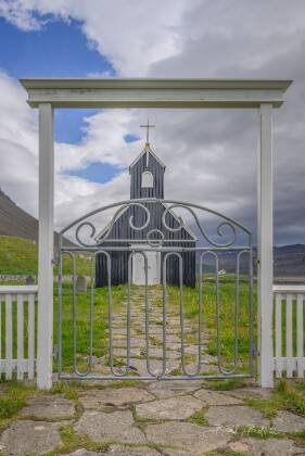 Saurbaearkirkja 1 Gate to the Saurbaearkirkja in Westfjords, Iceland.