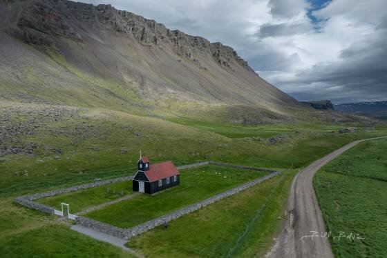 Saurbaearkirkja 3 Aerial view of Saurbaearkirkja in Westfjords, Iceland.