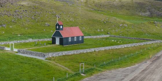 Saurbaearkirkja 4 Aerial view of Saurbaearkirkja in Westfjords, Iceland.