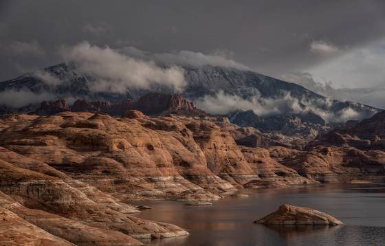 Navajo Mountain in the clouds Fog on Navajo Mountain as seen from Lake Powell