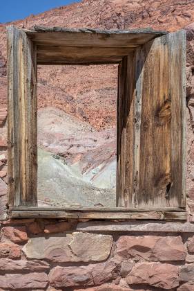 Chinle formation framed Chinle rock formation seen through a window in the ruined Fort in Lees Ferry, Arizona