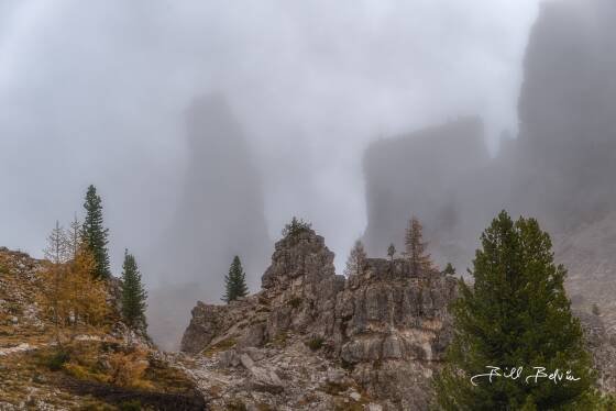 Cinque Torre in fog Cinque Torre in the Dolomites, Italy.