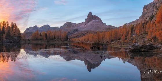 Lago di Federa Panorama Panoramic image of Lago di Federa and Croda da Lago, the Dolomites, Italy.