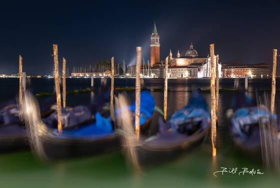 Gondolas Long Exposure 25 second exposure of gondolas bobbing in the Venetian Lagoon. Abbazia di San Giorgio Maggiore in the background..