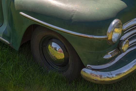 Plymouth Hubcap Reflection No 1 Reflection of the Liberty Barn in a Plymouth hubcap, The Palouse,