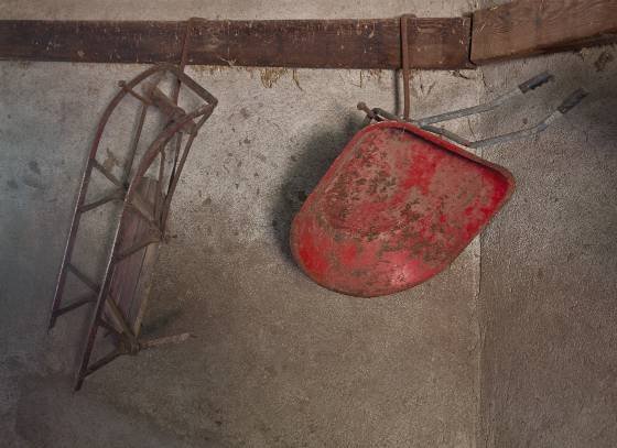 Wheelbarrow and sleigh Wheelbarrow and sleigh in the Round Barn off HIghway 23 in the Palouse