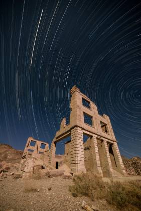 Cook Bank Startrail Startrail over Cook Bank in Rhyolite ghost town, Nevada