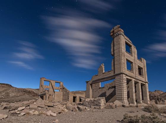 Cook Bank at dusk Cook Bank in Rhyolite ghost town, Nevada