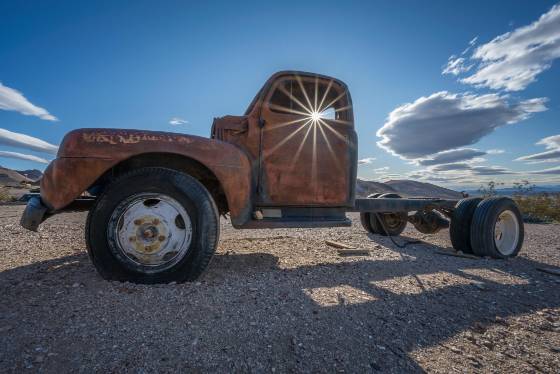 Old Truck Sunburst 2 Old truck in Rhyolite ghost town, Nevada