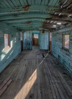 Union Pacific Interior Union Pacific Railroad car in Rhyolite ghost town, Nevada