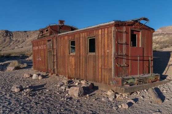 Union Pacific from NE corner Union Pacific Railroad car in Rhyolite ghost town, Nevada