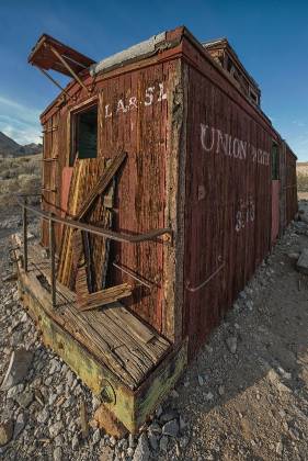Union Pacific from SE corner Union Pacific Railroad car in Rhyolite ghost town, Nevada