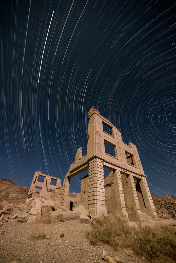 Cook Bank Startrail in Rhyolite ghost town, Nevada