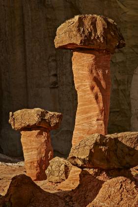 East of Toadstool Hoodoo Red and white striped hoodoos found just east of Toadstool Hoodoo