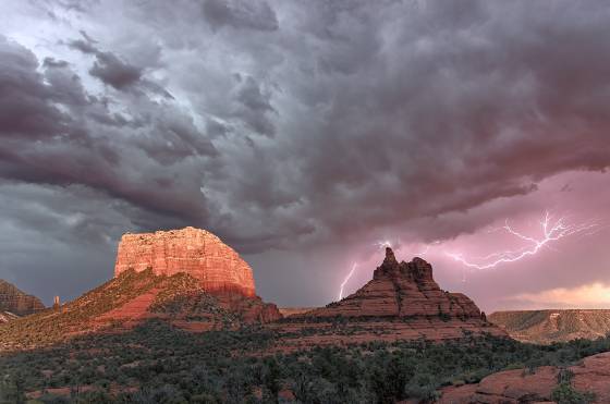 Lightning over Bell Rock Lightning framing Bell Rock with Courthouse Butte to the left