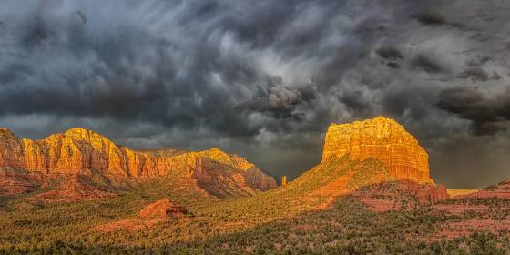 Red Rock Country Image of Storm clouds over Lee Mountain, Courthouse, Butte, and Bell Rock taken from Yavapai Vista in Sedona